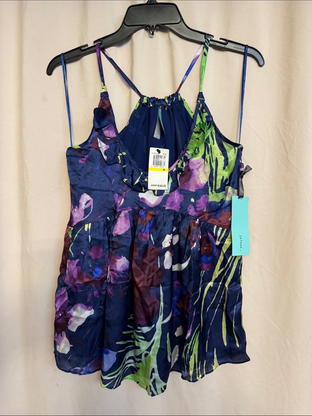Jaloux Floral Print Silk Camisole Top, Size M, Color Navy/Multi